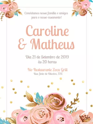 Convite casamento floral aquarela - Rosa e dourado