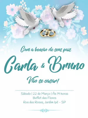Convite casamento pombos brancos com aliança - Branco e azul