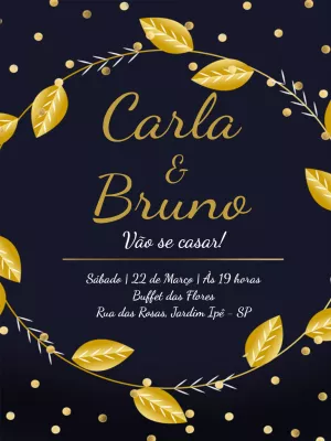 Convite casamento azul marinho e folhagem douradas