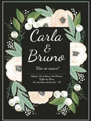 Convite casamento floral - branco e preto