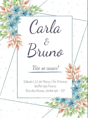 Convite casamento floral minimalista - Branco e azul