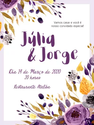 Convite casamento floral aquarela - Roxo e amarelo