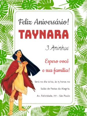 Convite de aniversário pocahontas