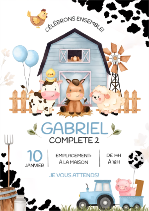 Invitation d'anniversaire Petite Ferme Bleu