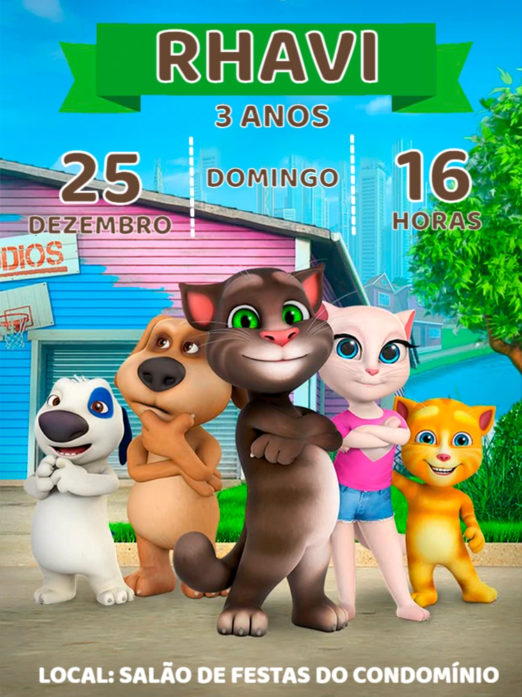 Convite Aniversário Talking Tom e Amigos para Editar Online