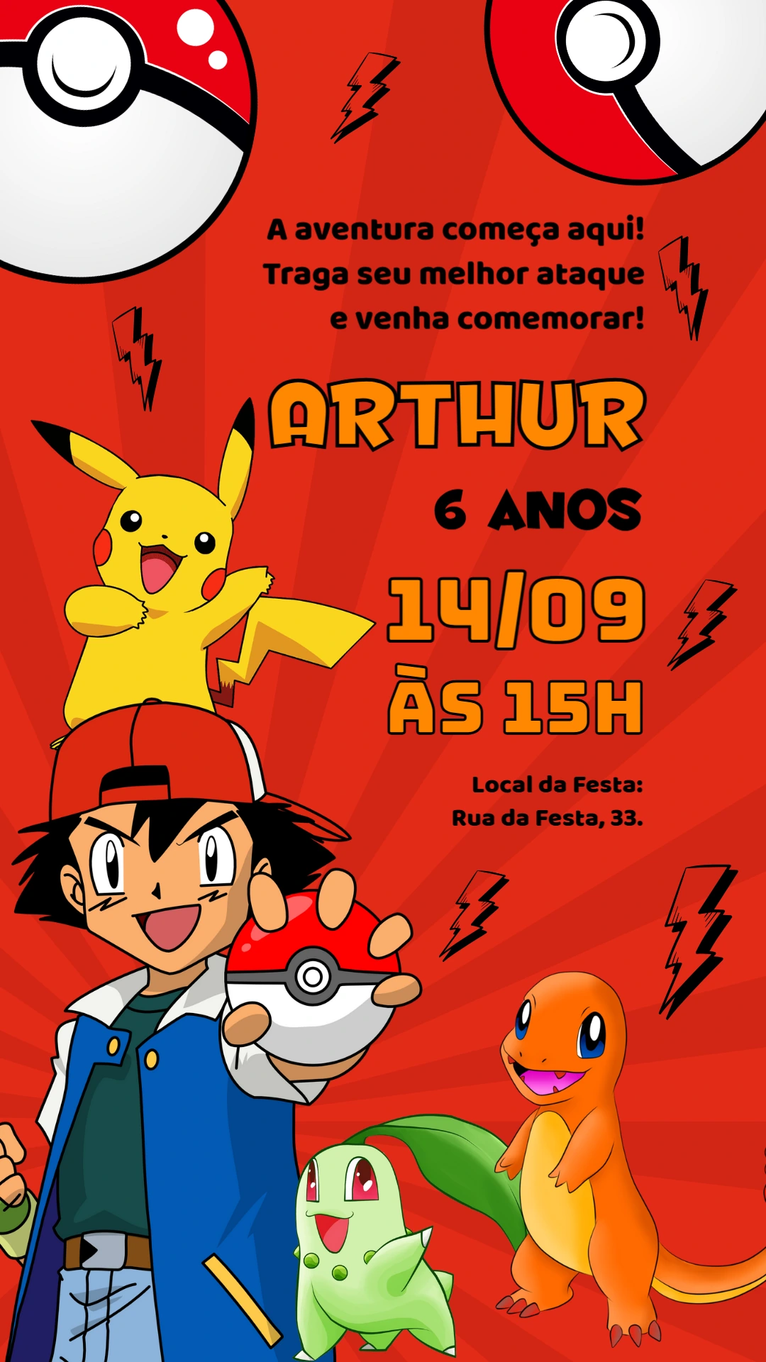 Convite Aniversário Pokémon com Ash e Pikachu para Editar Online