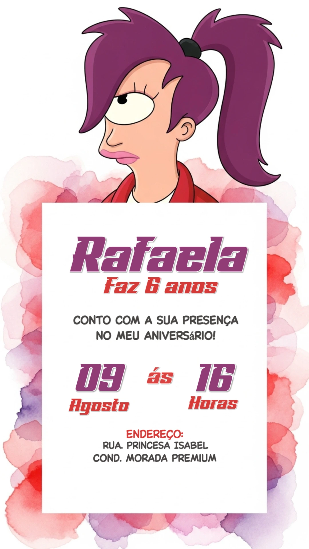 Convite de Aniversário Futurama com Leela para Editar Online