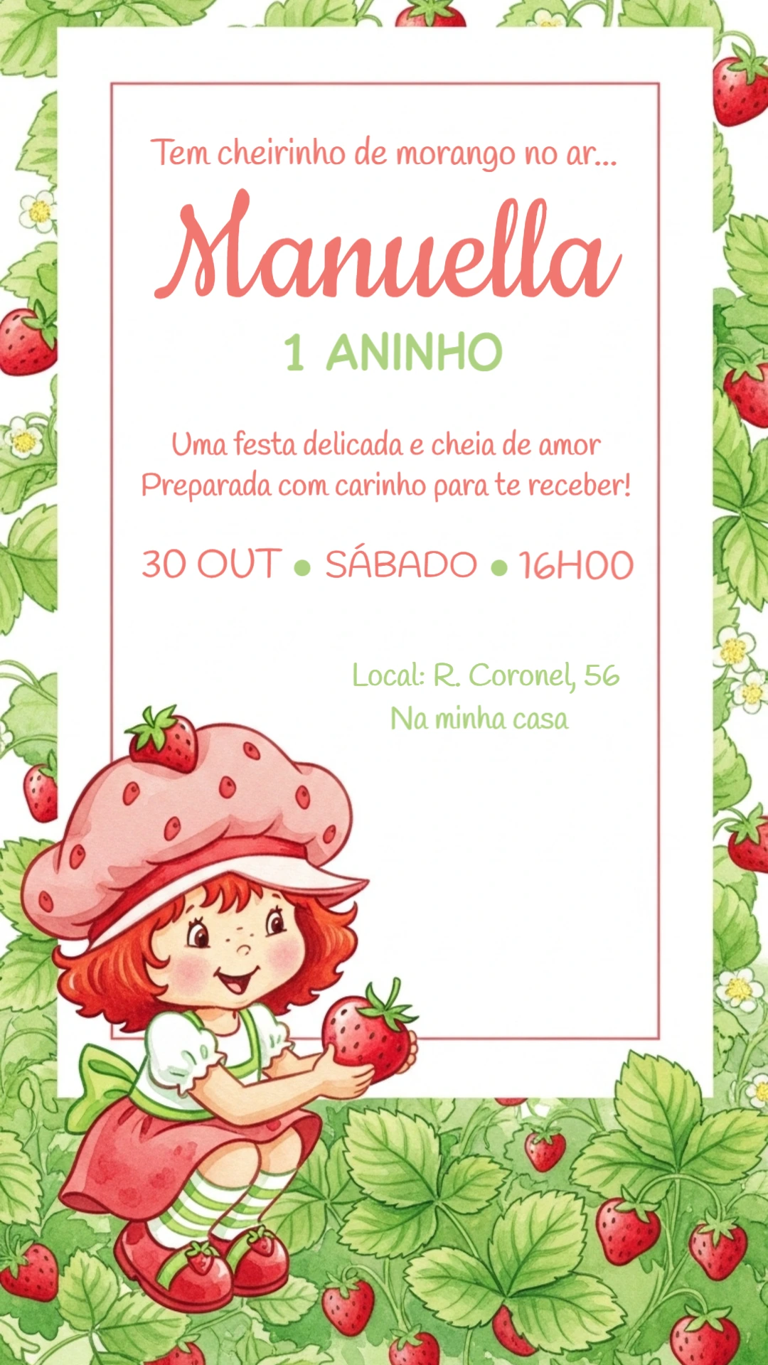 Convite de Aniversário Moranguinho para Editar Online