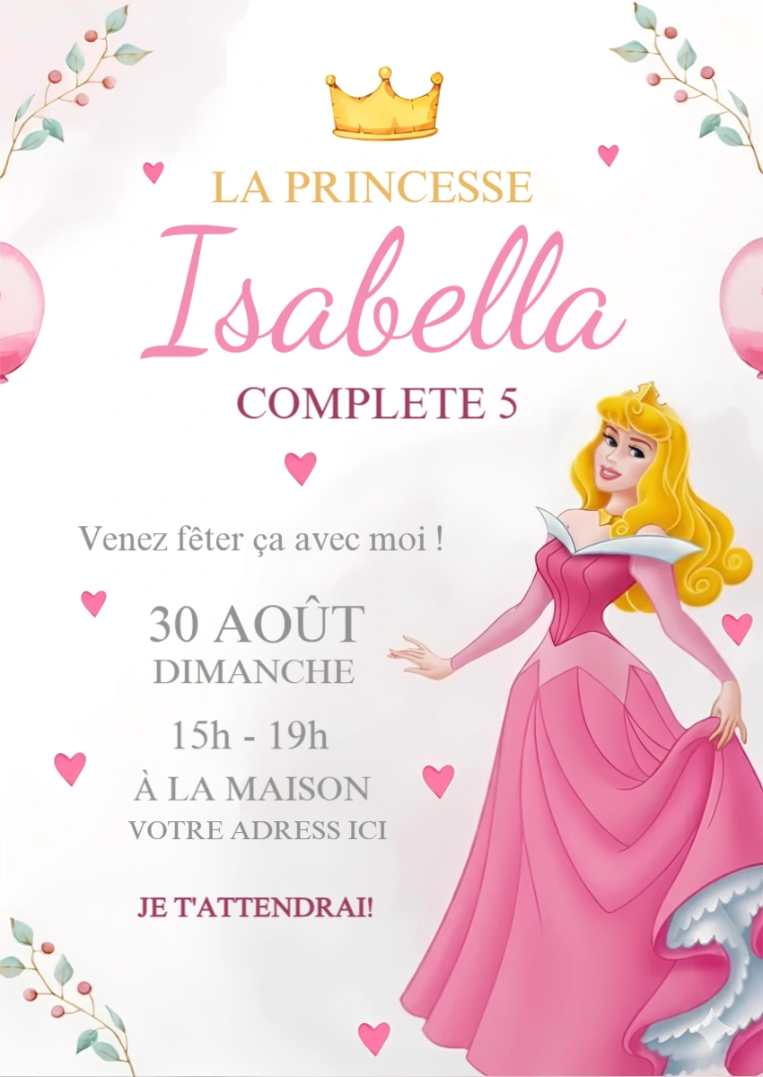 Invitation Anniversaire Princesse Aurore Rose | Modèle à Éditer