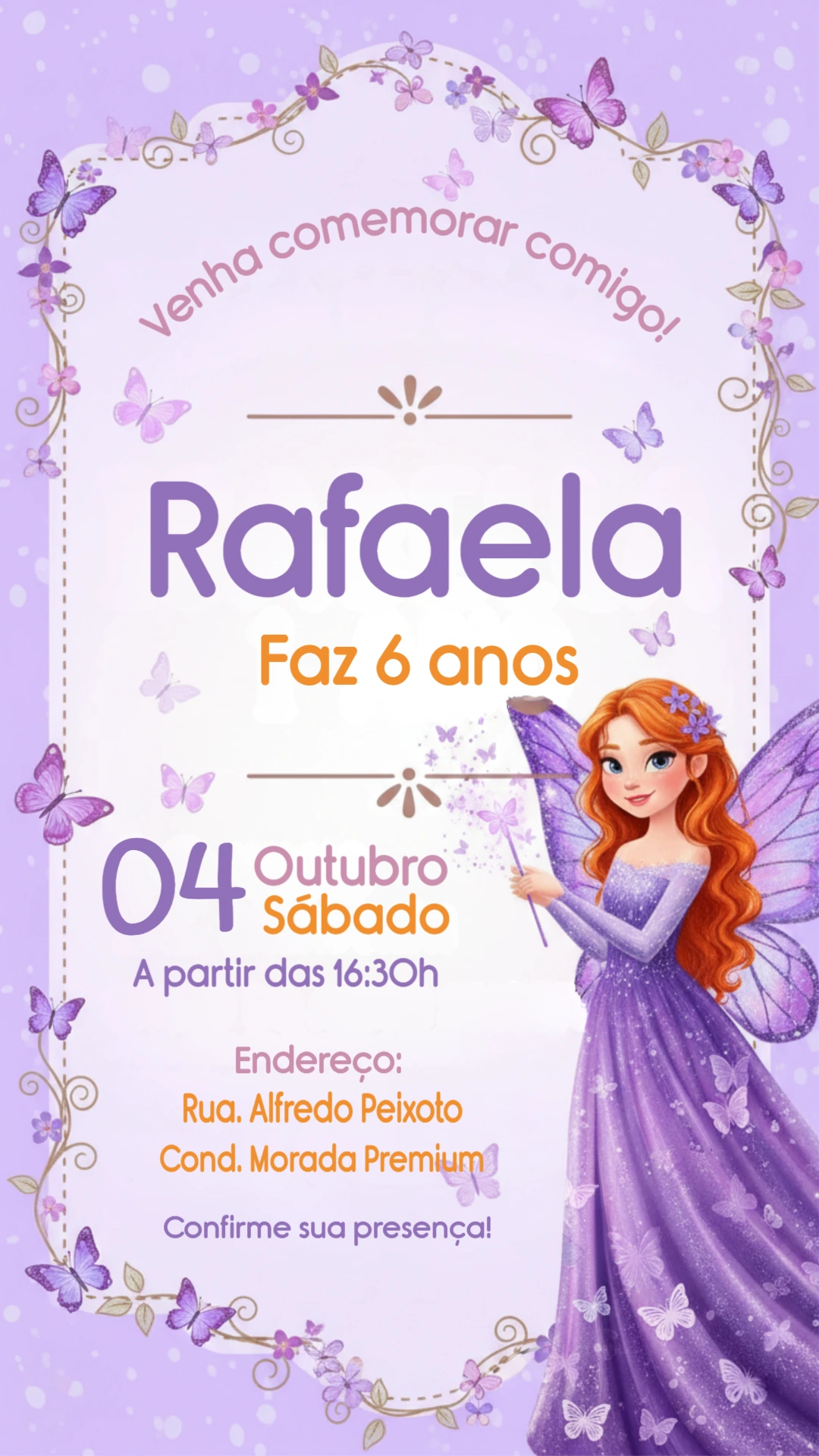 Convite de Aniversário Fada e Borboletas Lilás Editável