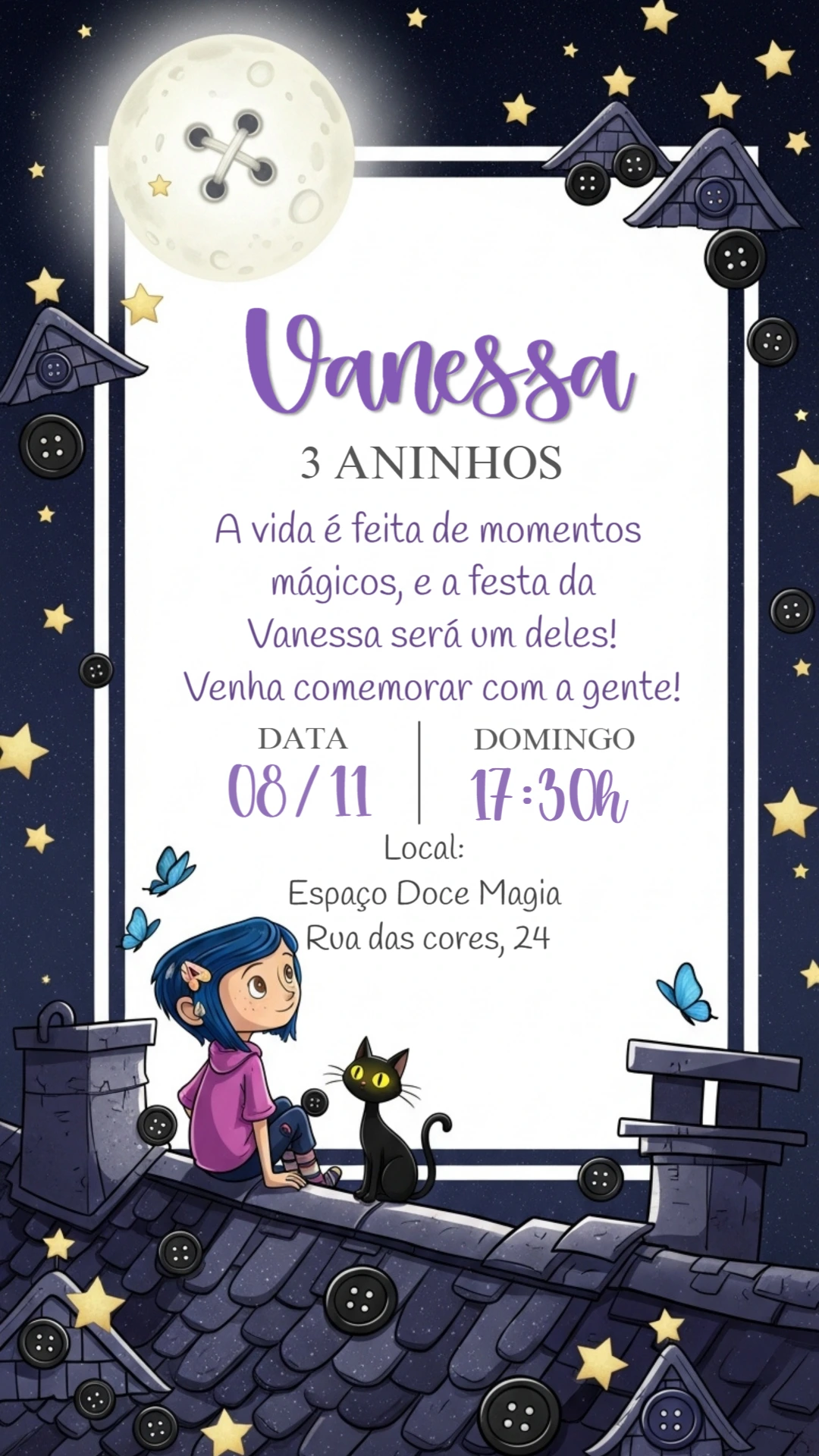 Convite de Aniversário Coraline para Editar Online