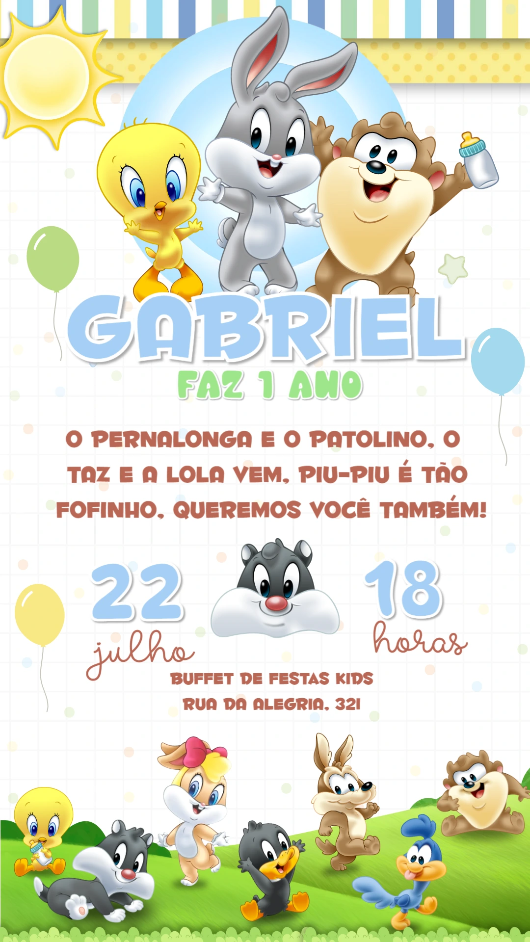 Convite de Aniversário Baby Looney Tunes para Editar Online