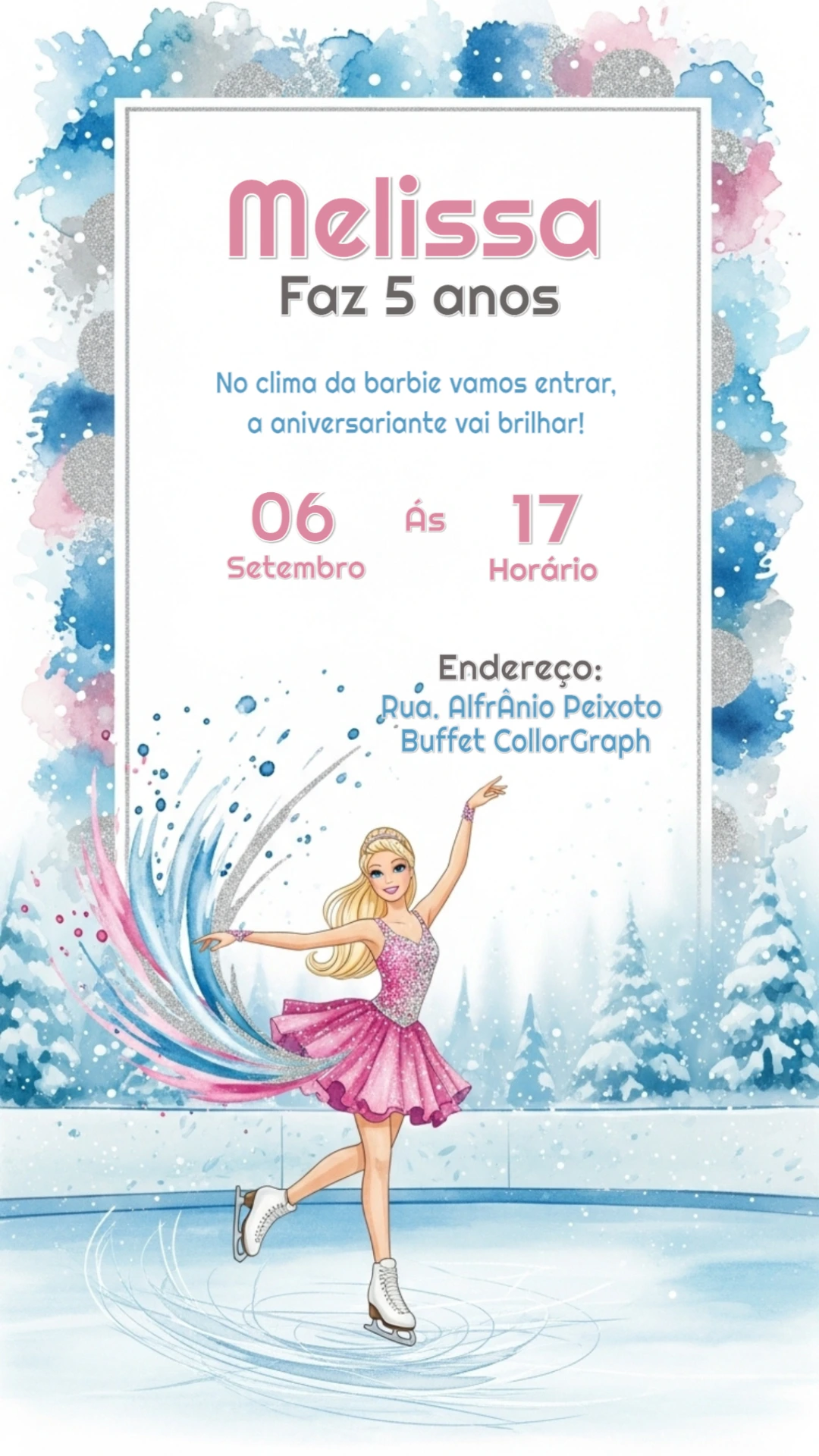 Convite de Aniversário Barbie Patinadora no Gelo para Editar