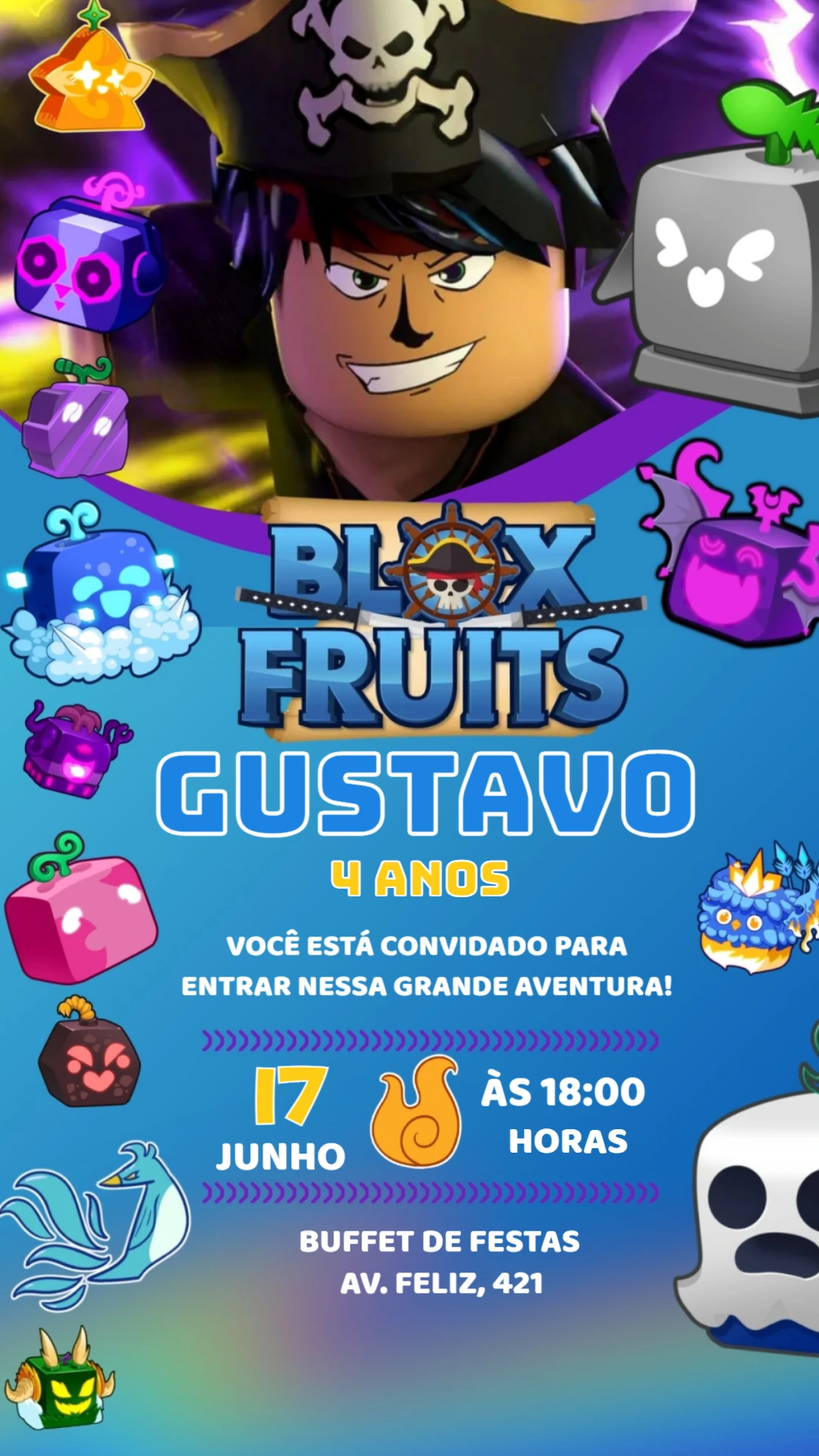 Convite de Aniversário Blox Fruits Gamer para Editar Online
