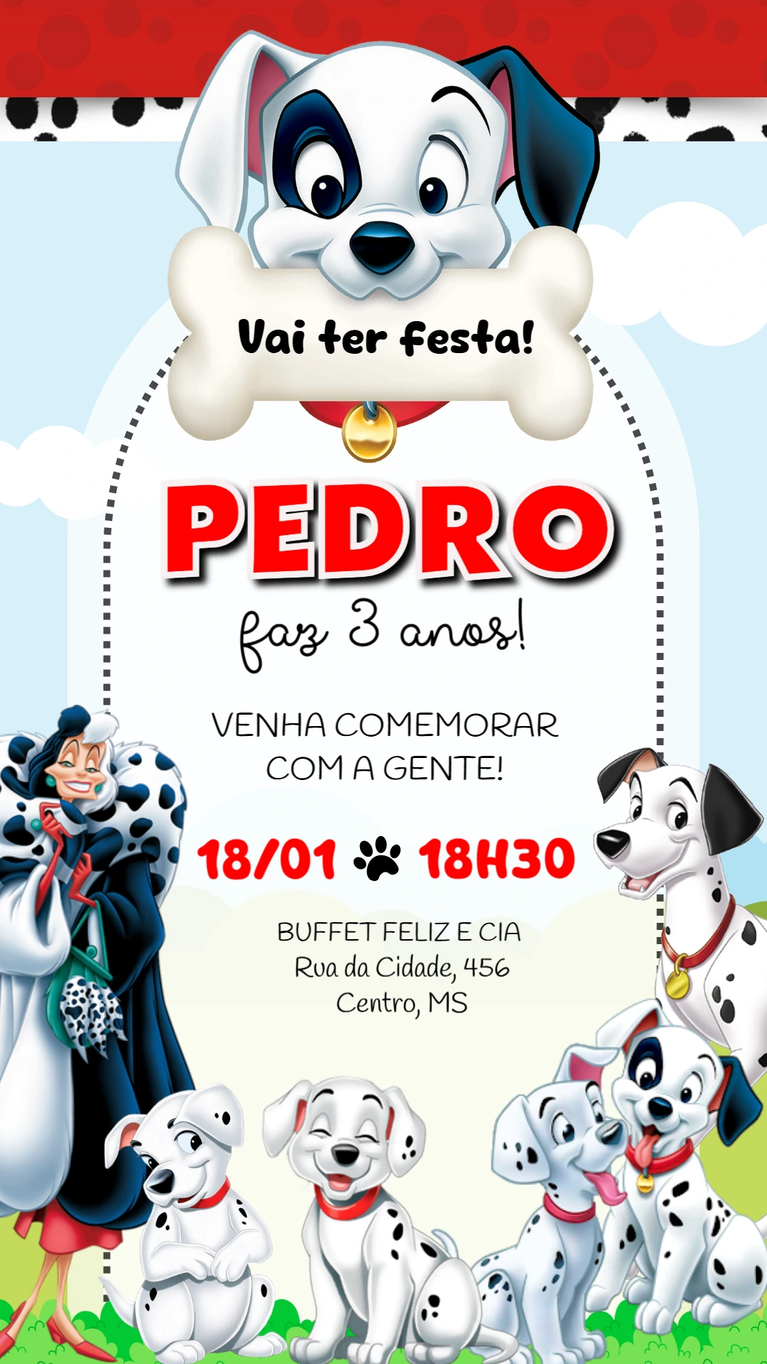 Convite de Aniversário 101 Dálmatas Digital para Editar