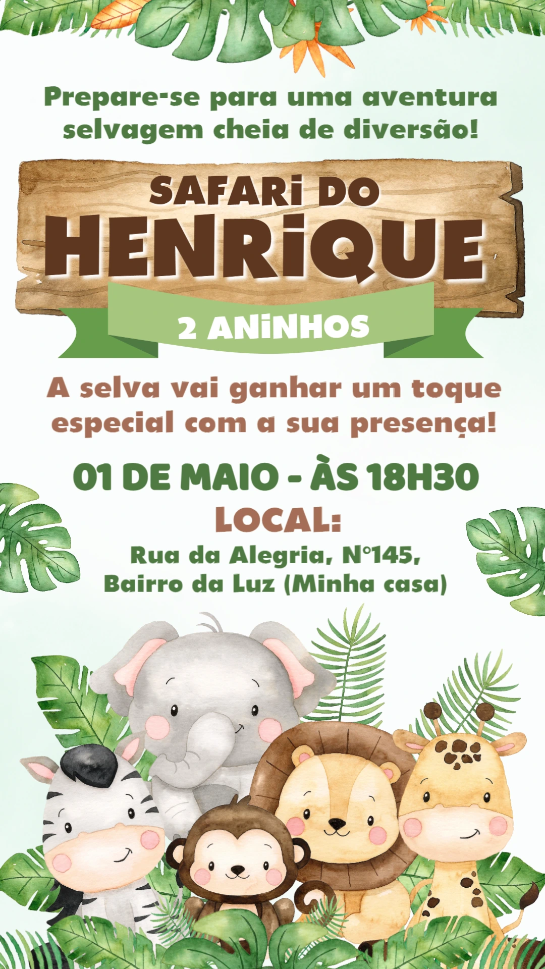 Convite Digital Aniversário Infantil Tema Safari Editável