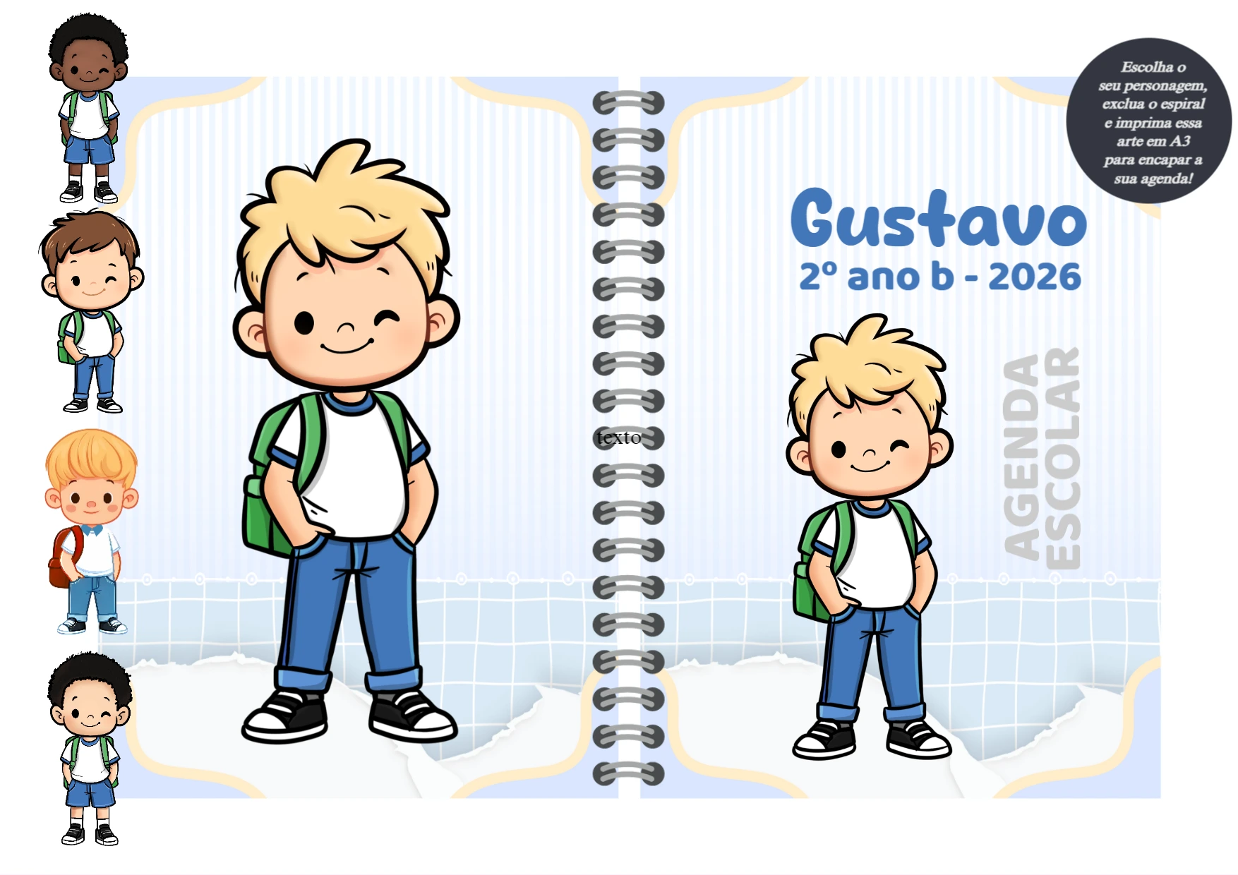 Capa de Agenda Escolar Menino com Personagens para Editar
