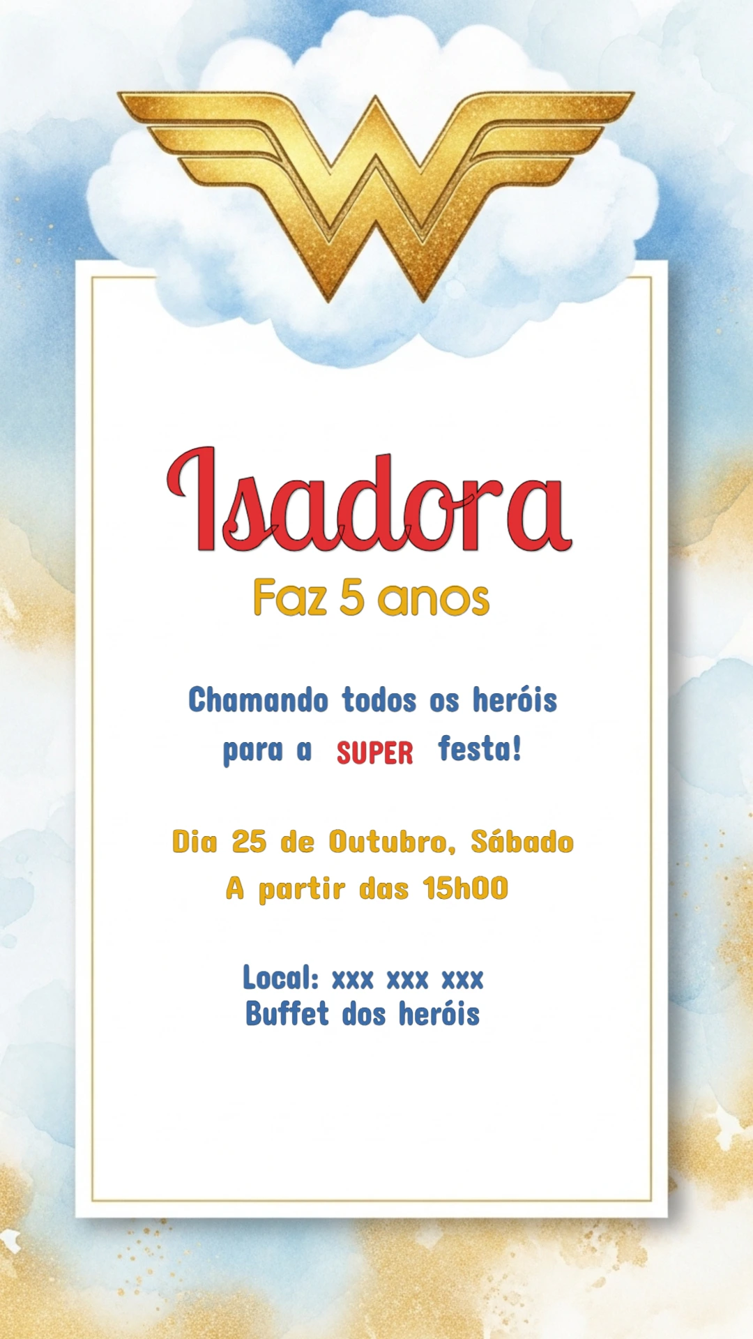 Convite de Aniversário Mulher Maravilha para Editar Online
