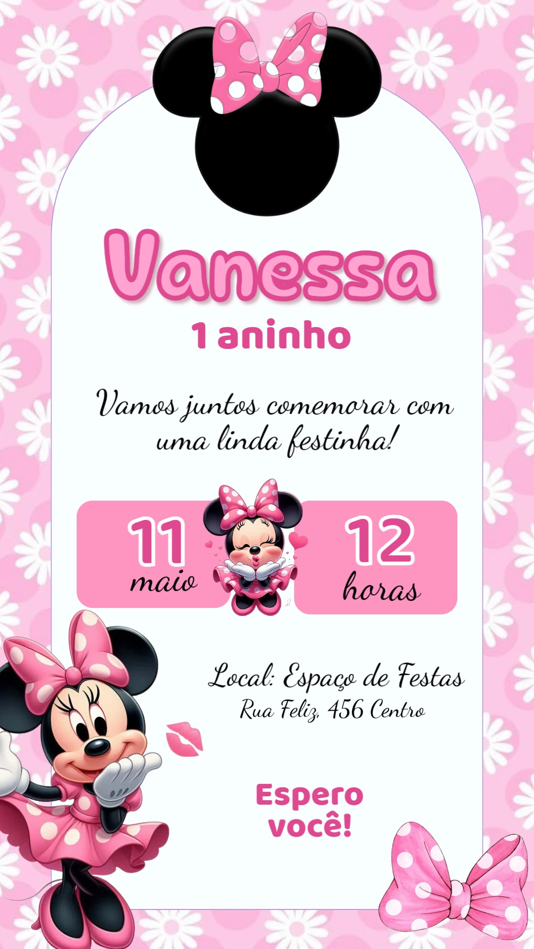 Convite de Aniversário Minnie Mouse Rosa para Editar Online