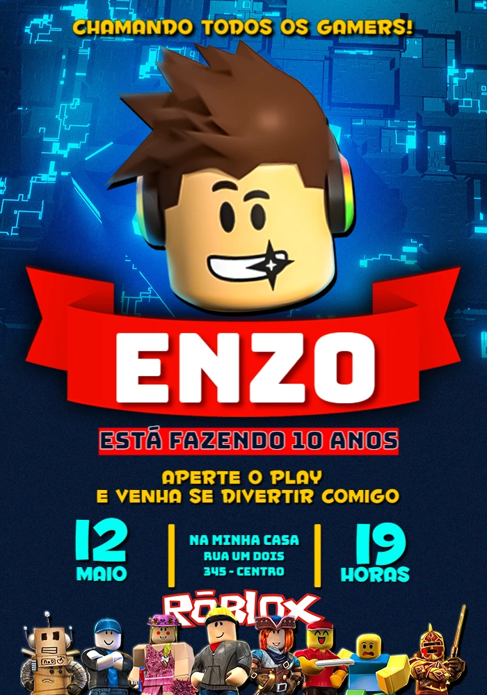 Convite de Aniversário Roblox Gamer para Editar Online
