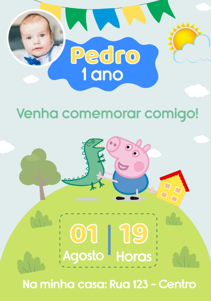 Convite Aniversário George Pig com Foto para Editar Online