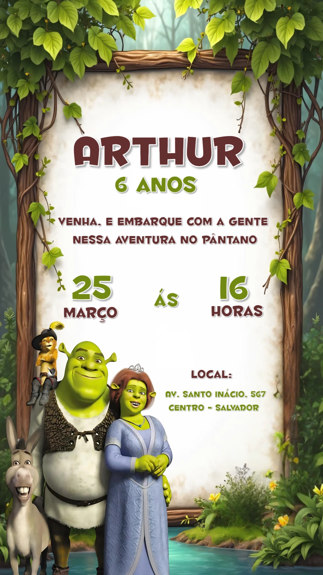 Convite Aniversário Shrek Editável Online para Imprimir