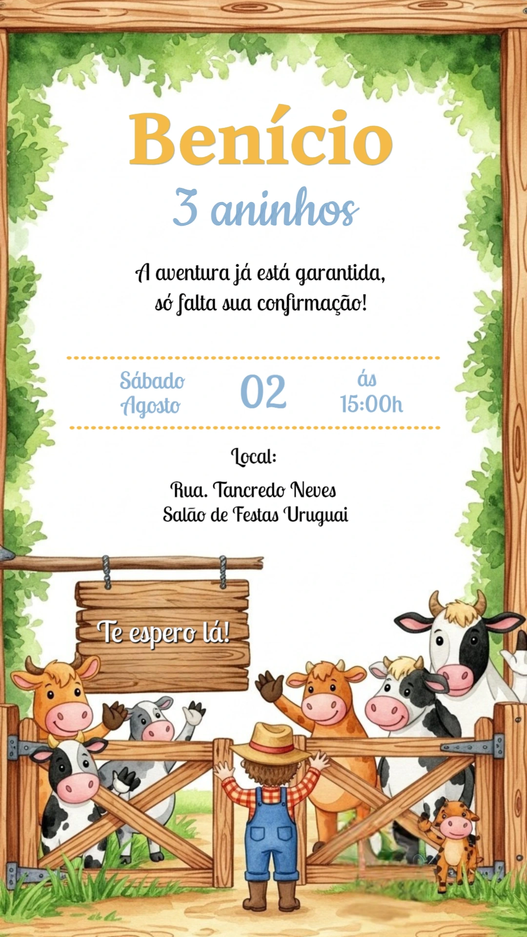 Convite de Aniversário Fazendinha com Animais para Editar