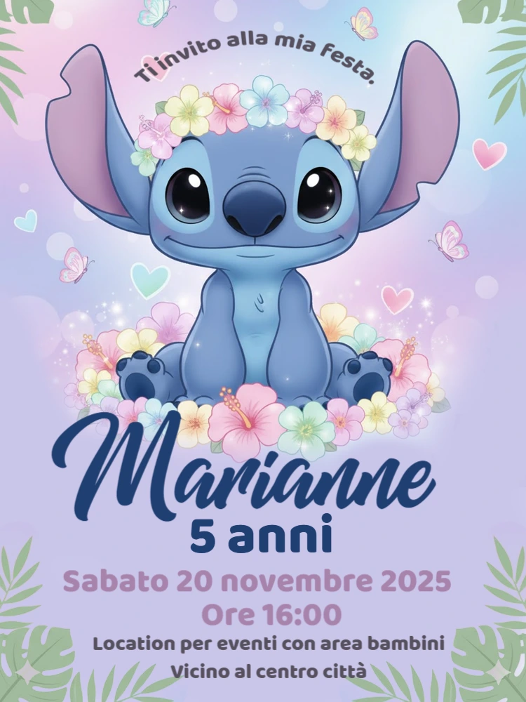 Invito Compleanno Stitch Floreale | Modello Digitale da Modificare