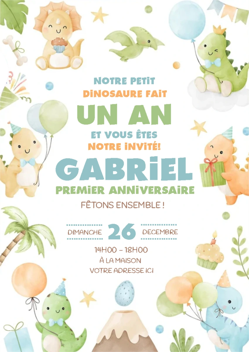 Invitation Anniversaire Dinosaure Garçon à Personnaliser en Ligne