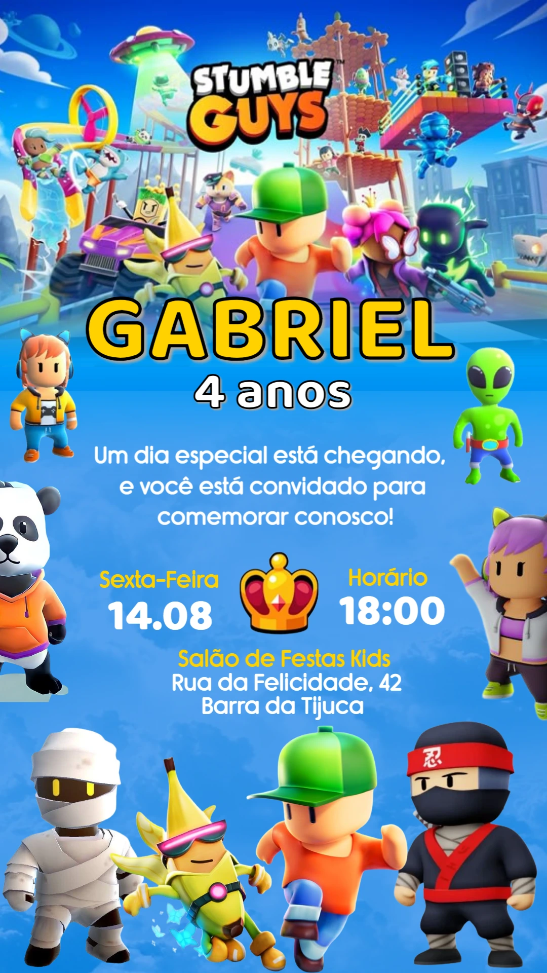 Convite de Aniversário Stumble Guys com Personagens para Editar