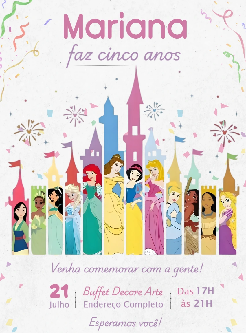 Convite de Aniversário Princesas Disney Colorido para Editar