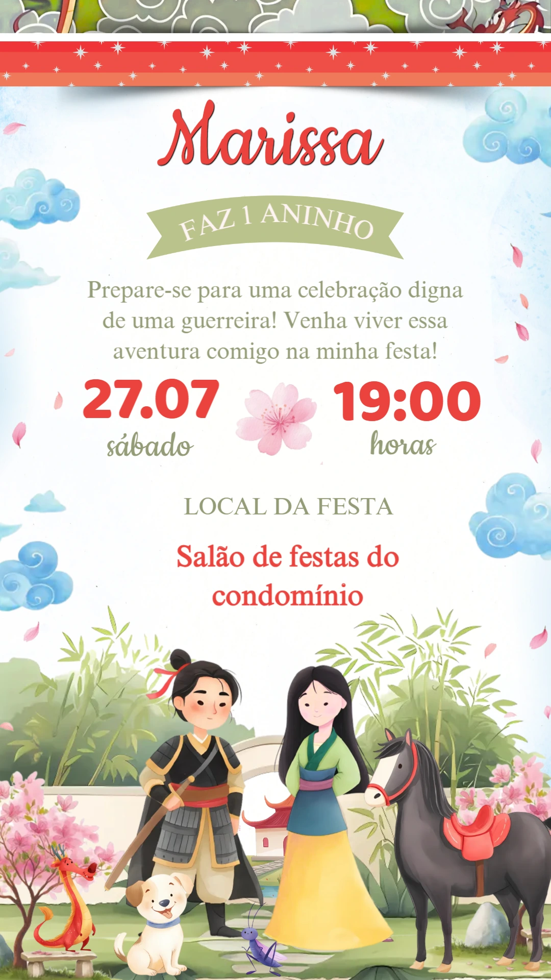 Convite de Aniversário Mulan com Personagens para Editar Online