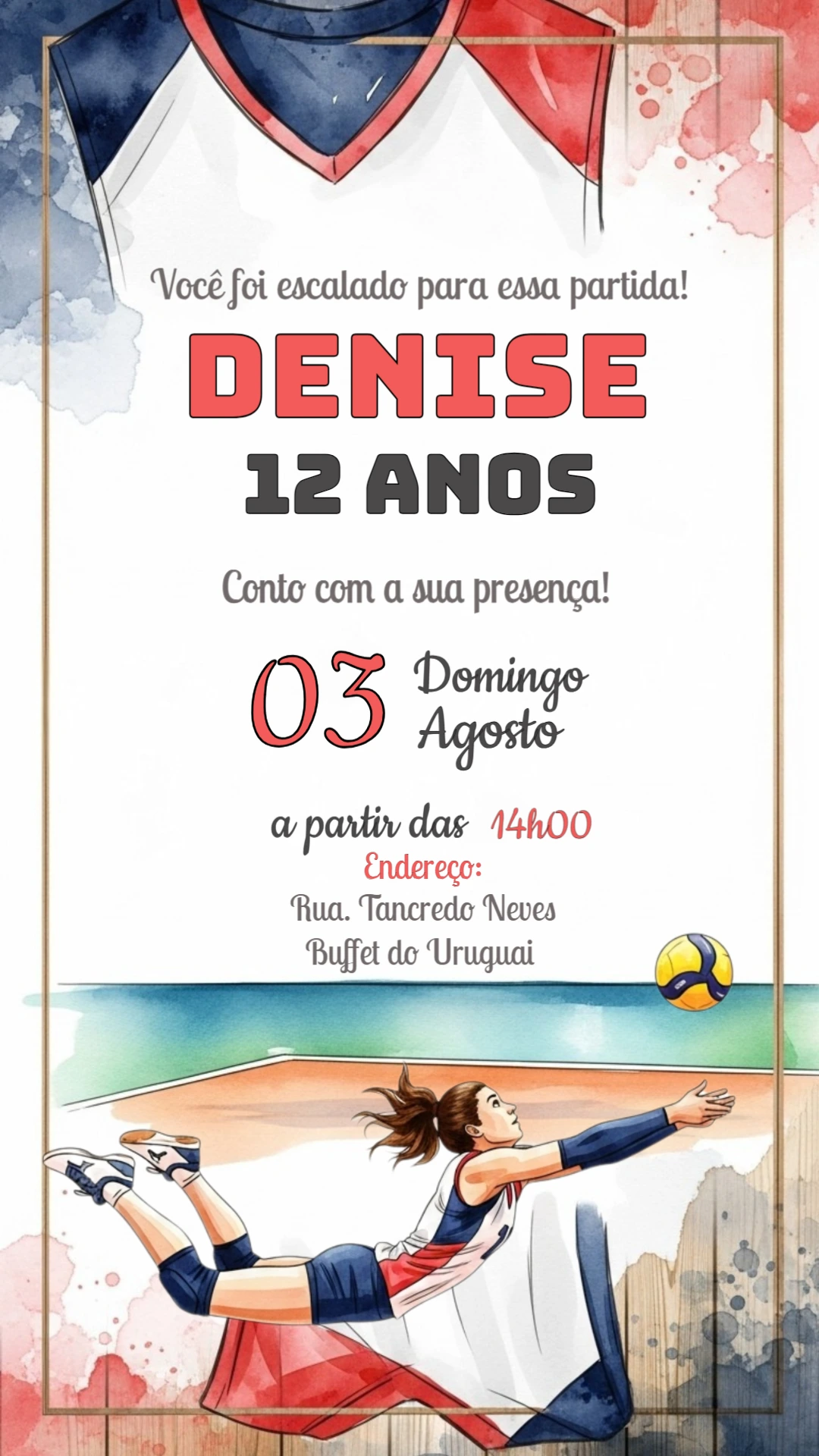 Convite de Aniversário Vôlei Feminino para Editar Online
