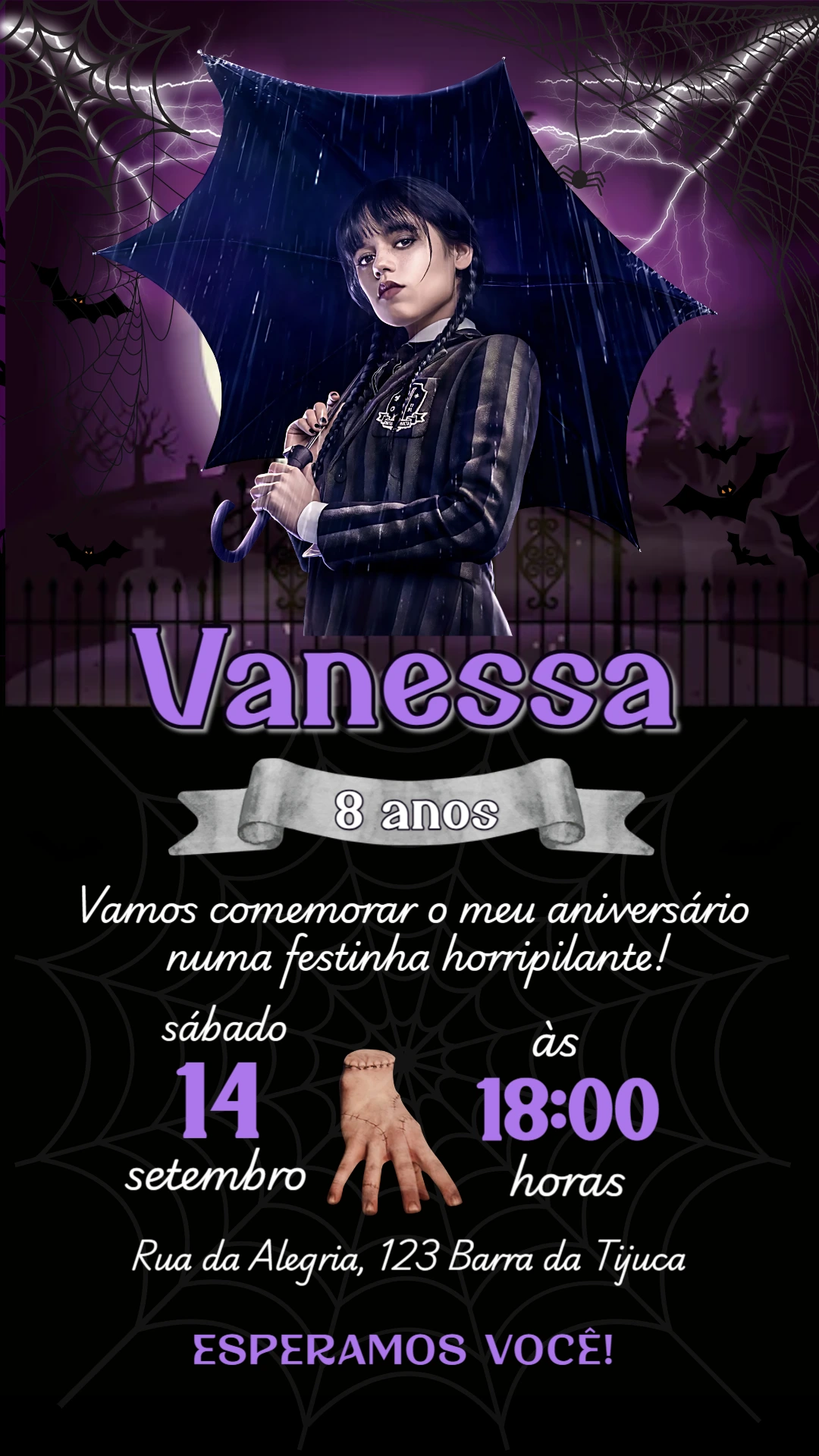 Convite Aniversário Wandinha Addams para Editar Online