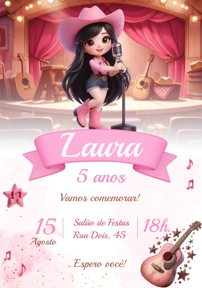 Convite Aniversário Cowgirl Boiadeira Rosa para Editar Online