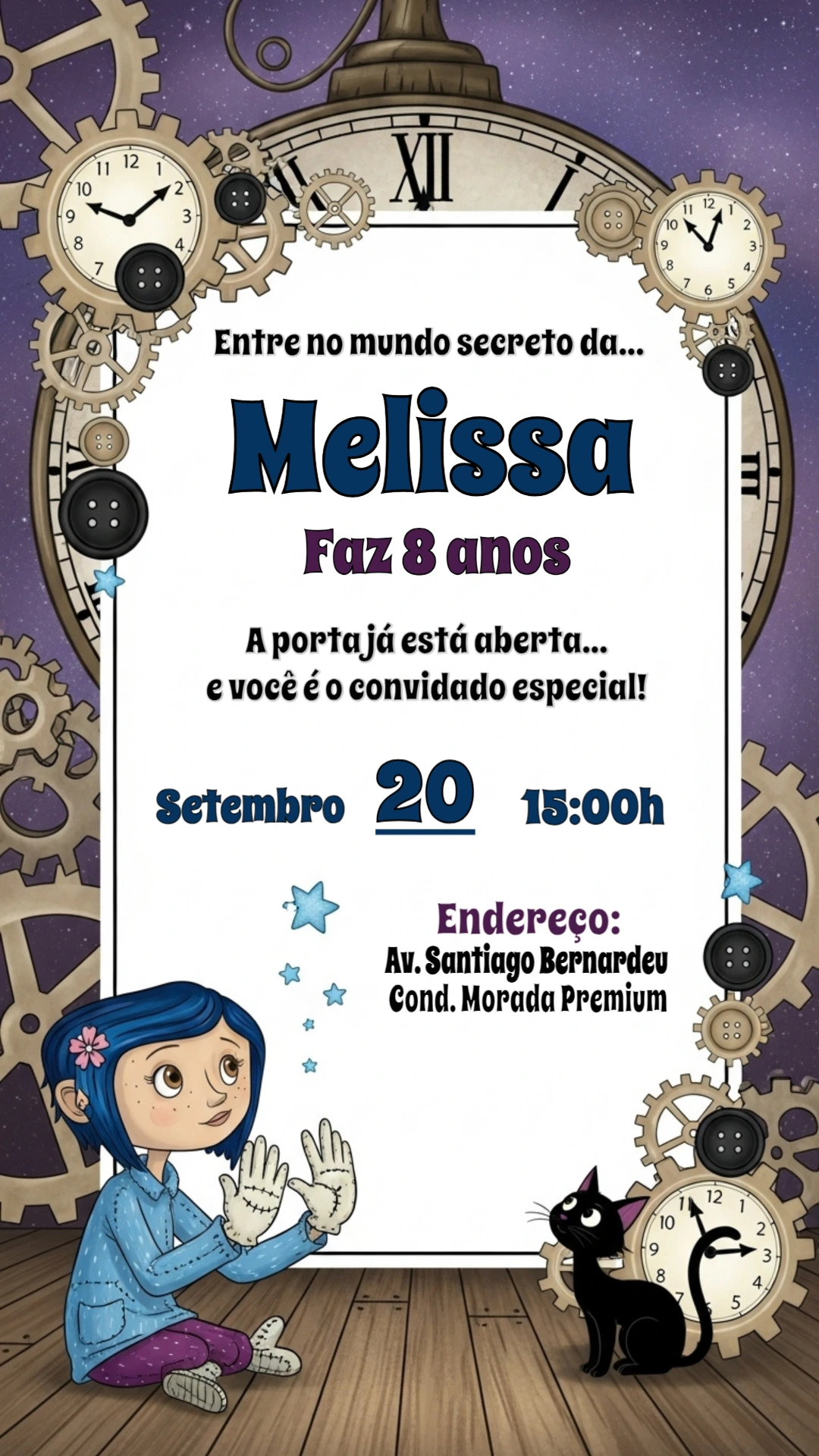 Convite Aniversário Coraline Mundo Secreto para Editar Online