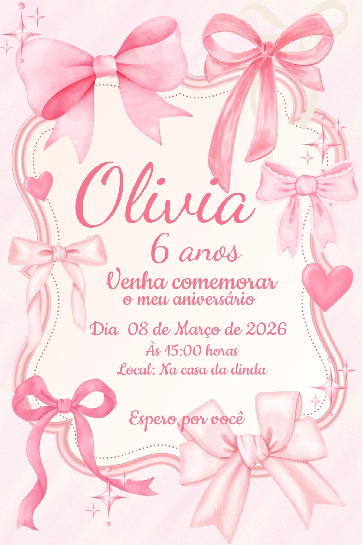 Convite Aniversário Infantil Laços Rosa Aquarela para Editar