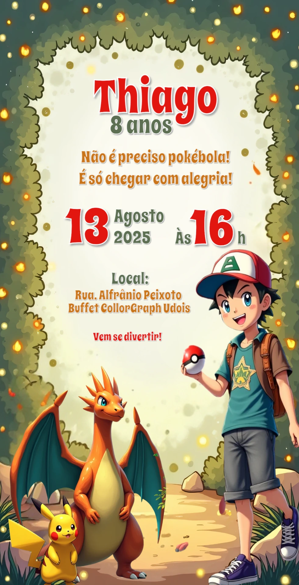 Convite de Aniversário Pokémon com Pikachu para Editar Online