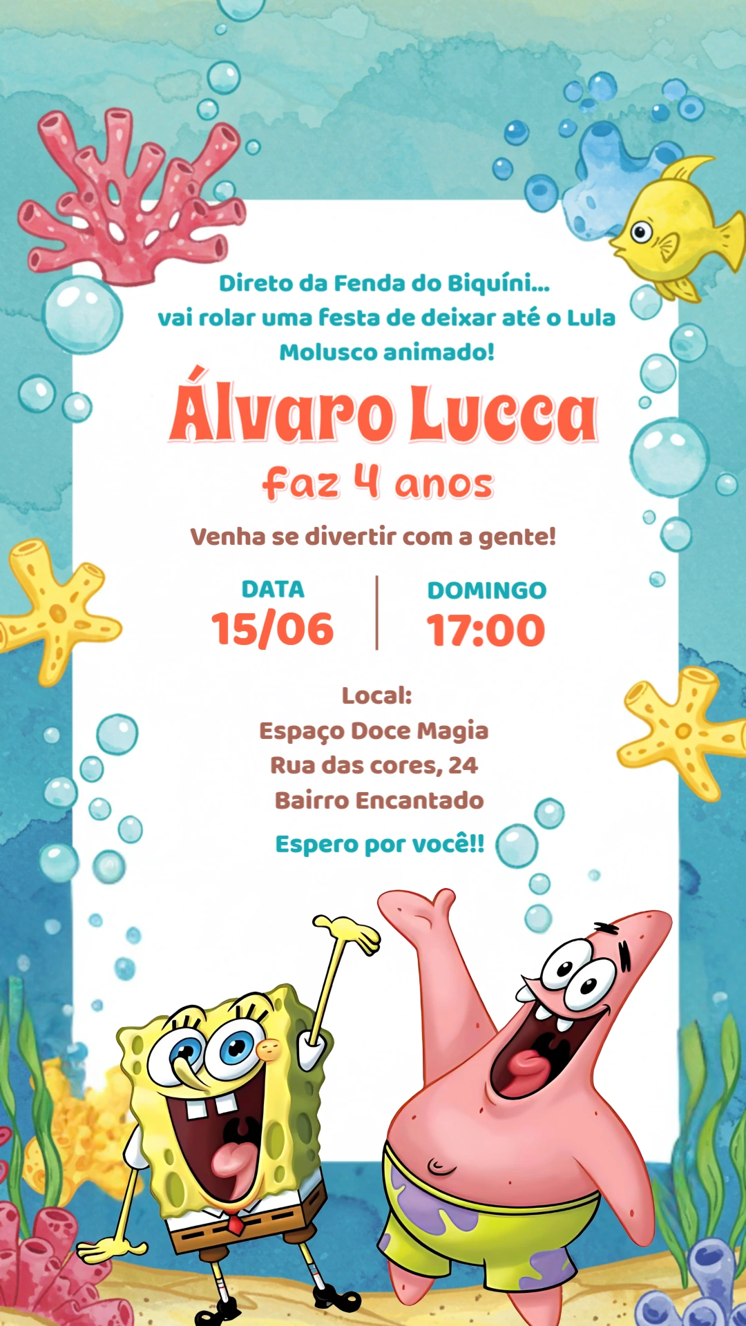 Convite Aniversário Bob Esponja e Patrick para Editar Online