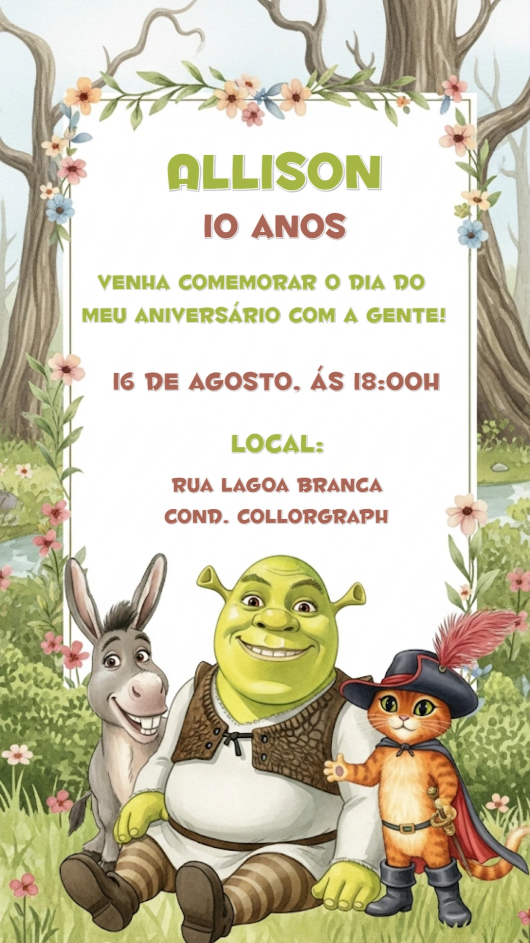 Convite de Aniversário Shrek com Personagens para Editar Online