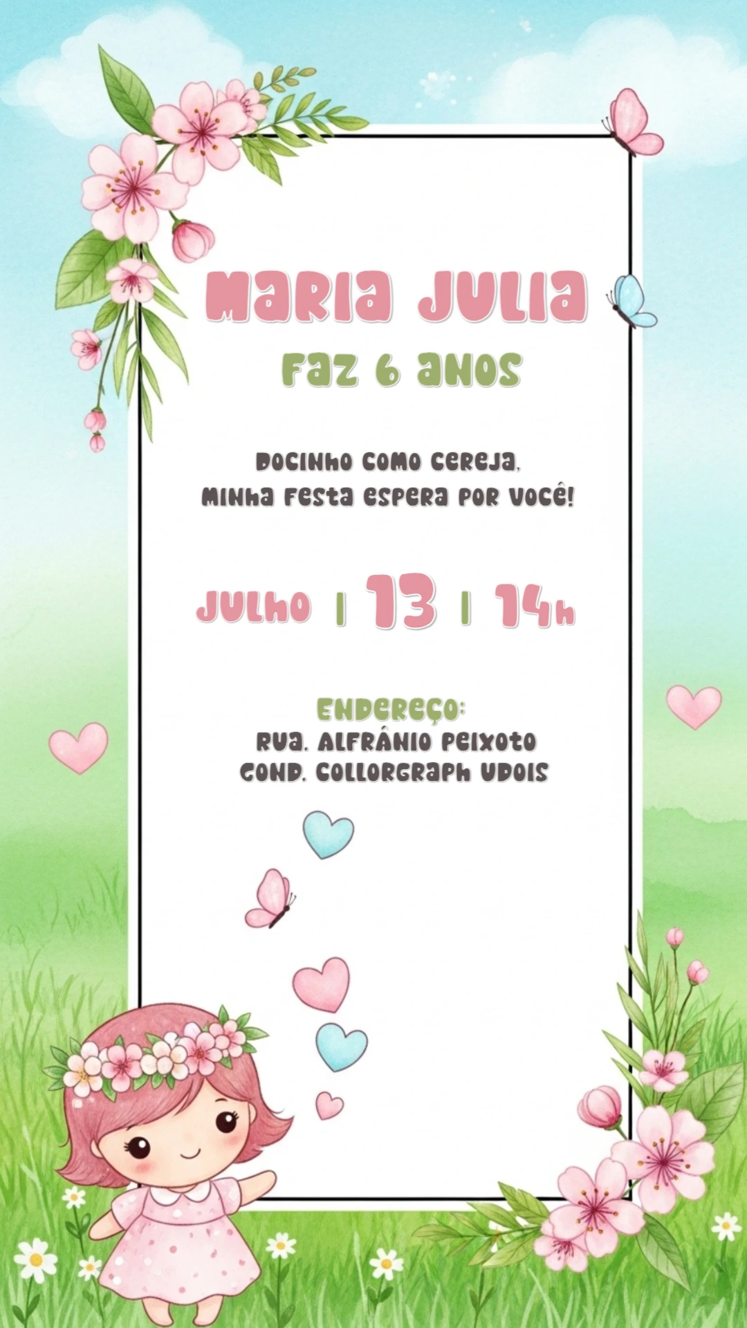 Convite Aniversário Bonequinha com Flores para Editar Online