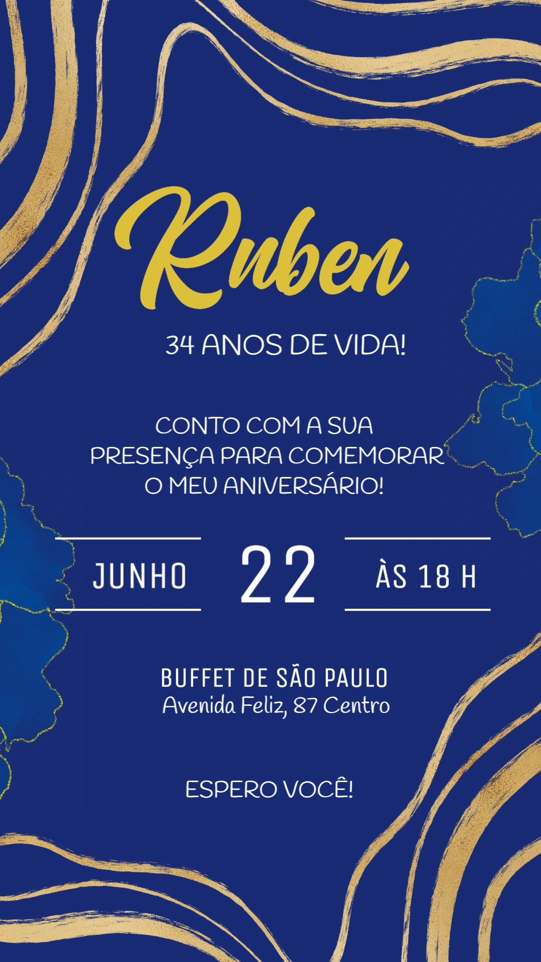 Convite de Aniversário Adulto Azul e Dourado para Editar