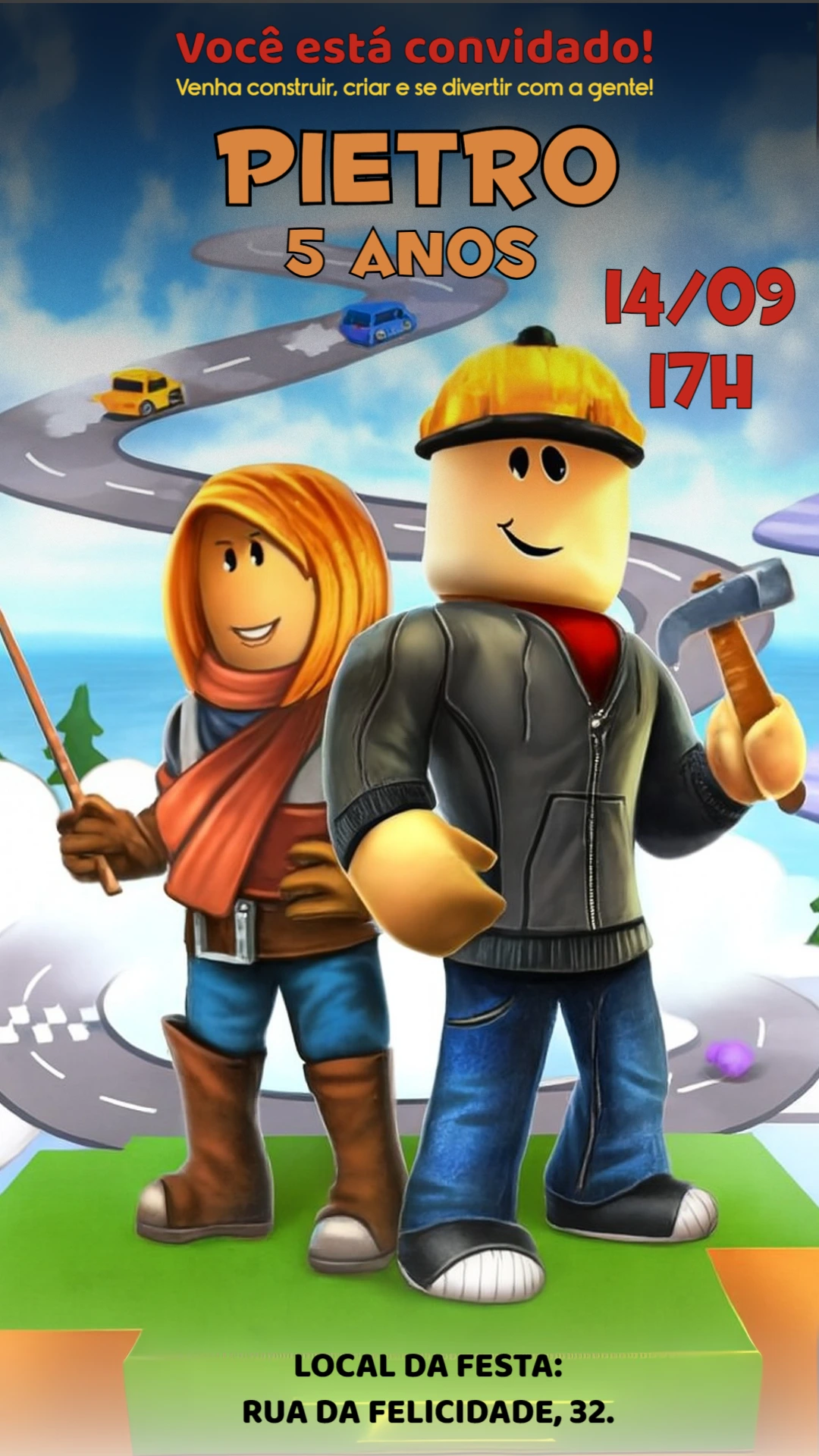Convite de Aniversário Roblox com Personagens para Editar Online