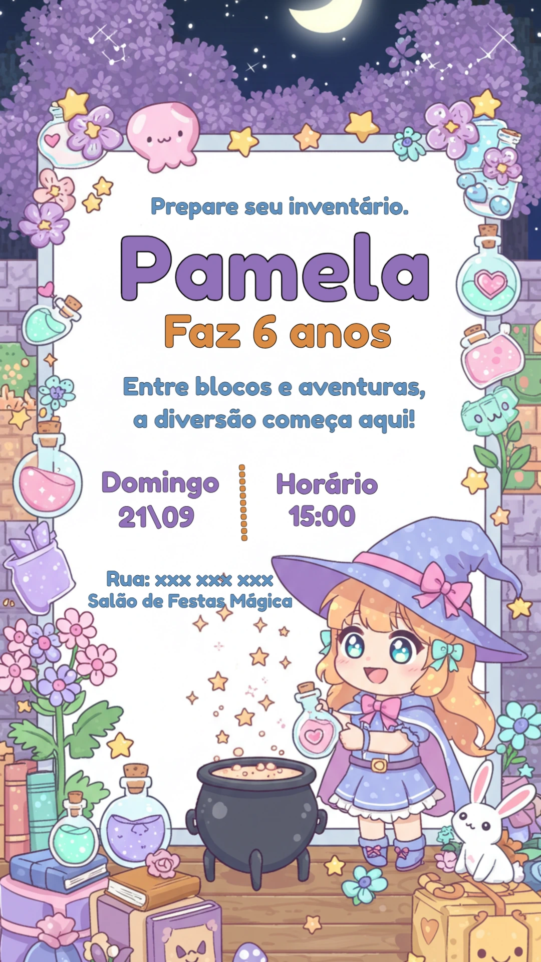 Convite de Aniversário Bruxinha Mágica para Editar Online