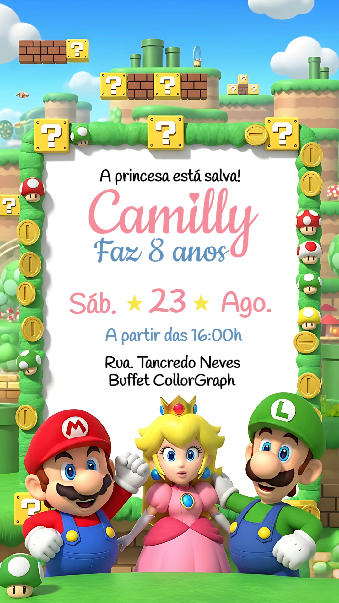 Convite de Aniversário Super Mario com Personagens para Editar