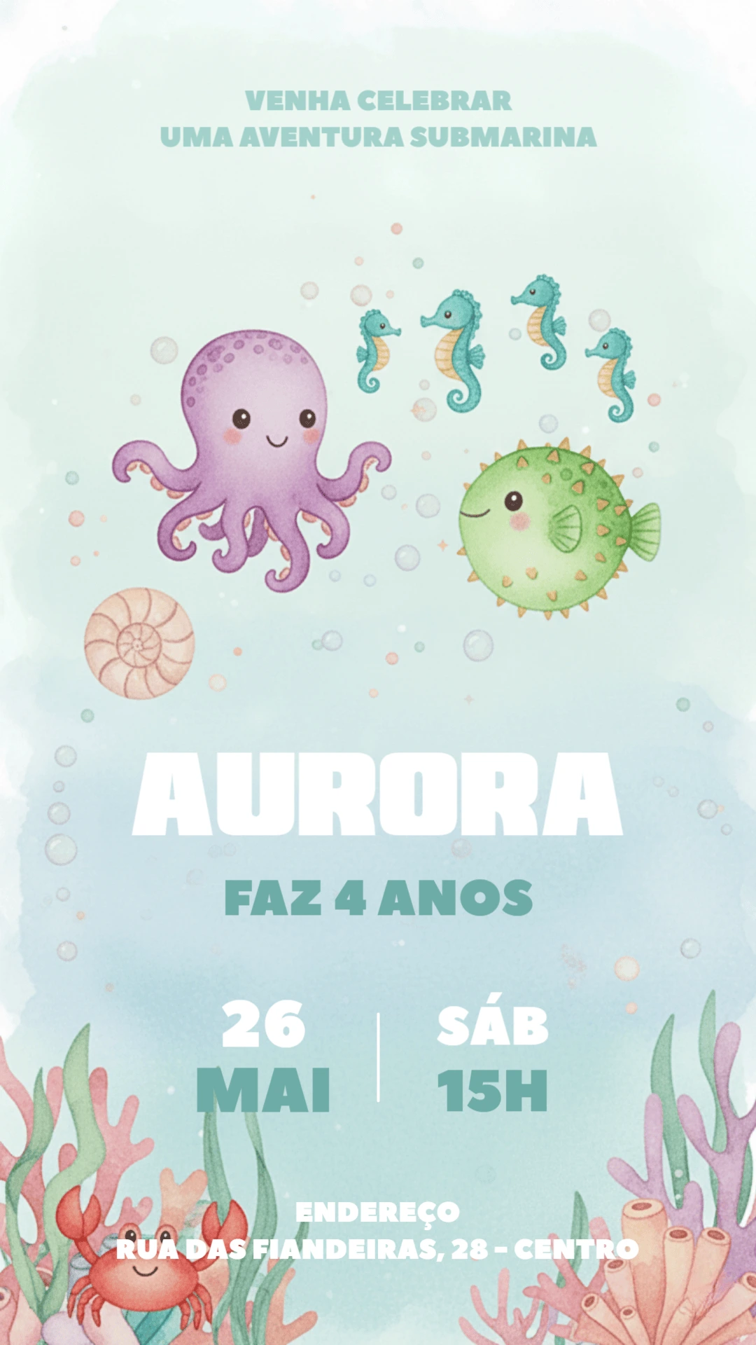 Convite Aniversário Fundo do Mar com Animais para Editar Online