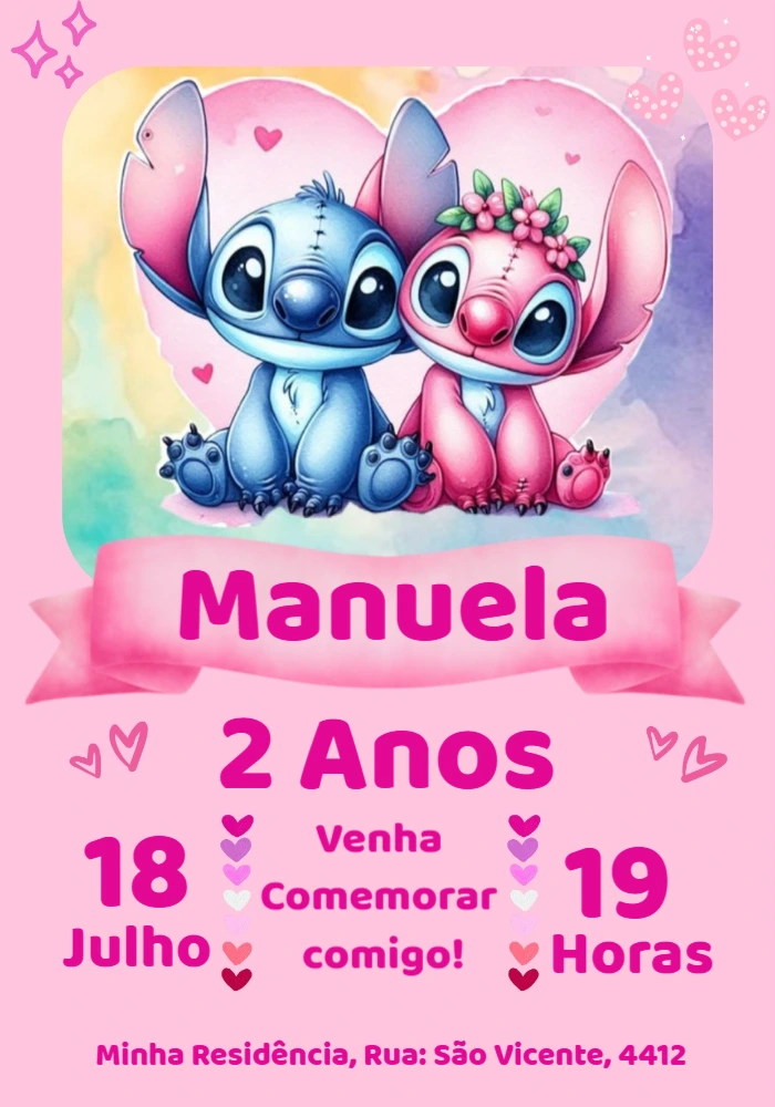 Convite de Aniversário Stitch e Angel para Editar Online
