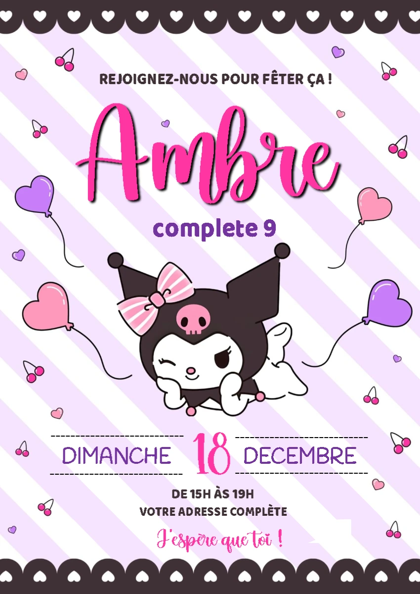 Invitation Anniversaire Kuromi à Modifier en Ligne