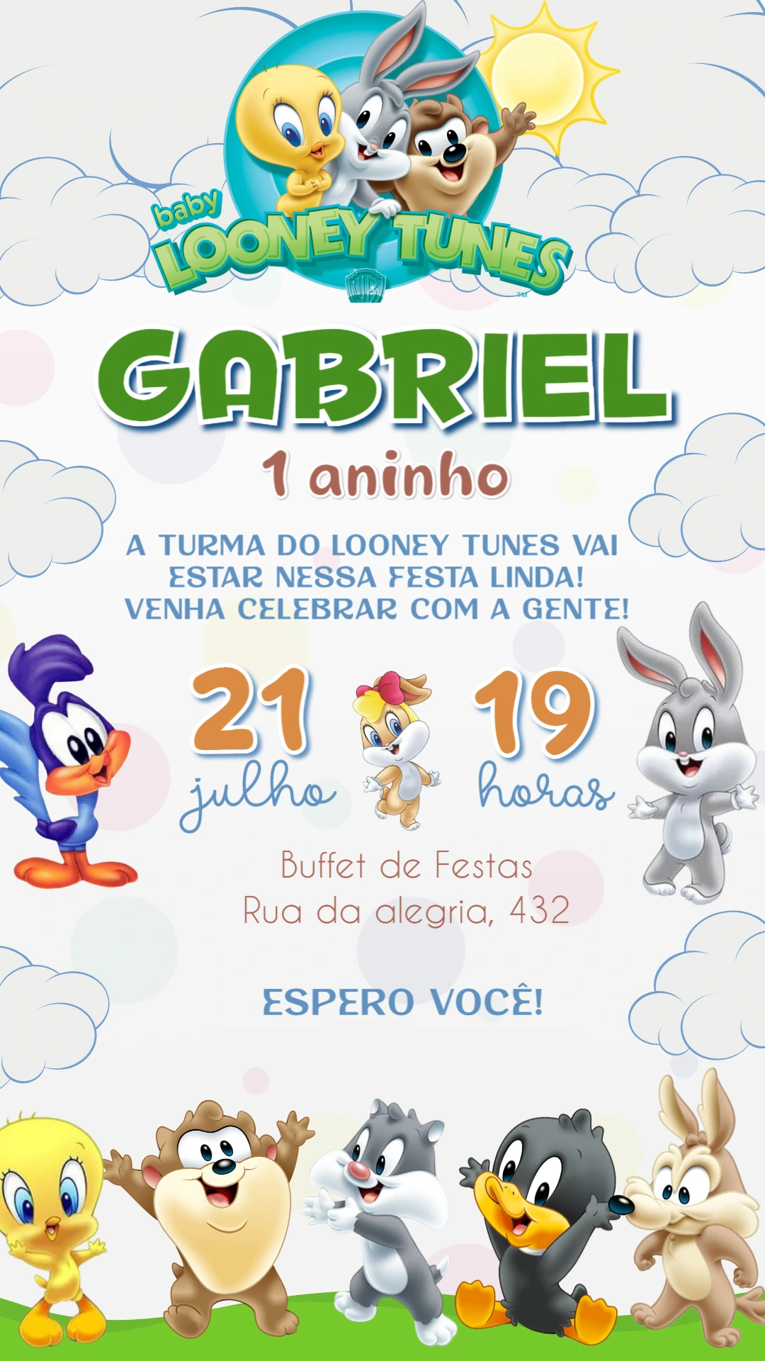 Convite Aniversário Baby Looney Tunes para Editar Online