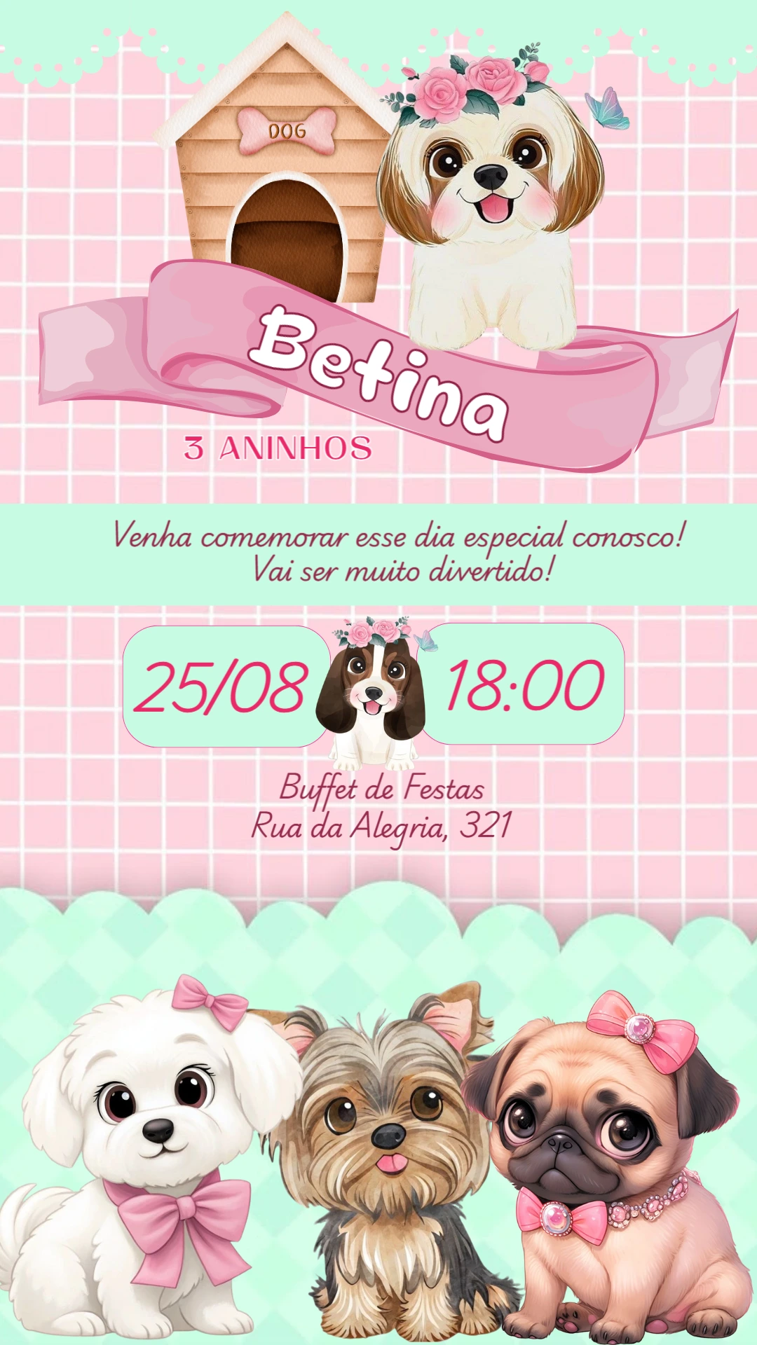 Convite de Aniversário Pets Cachorrinhos para Editar Online